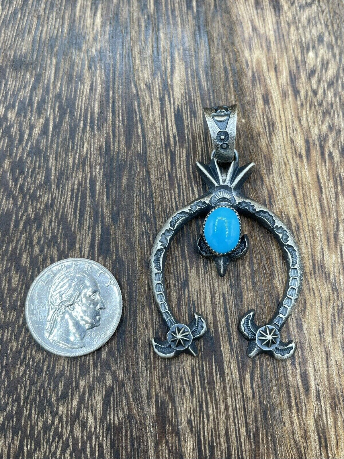 Native American Indian Navajo Handmade Silver Old Look Turquoise Naja Pendant