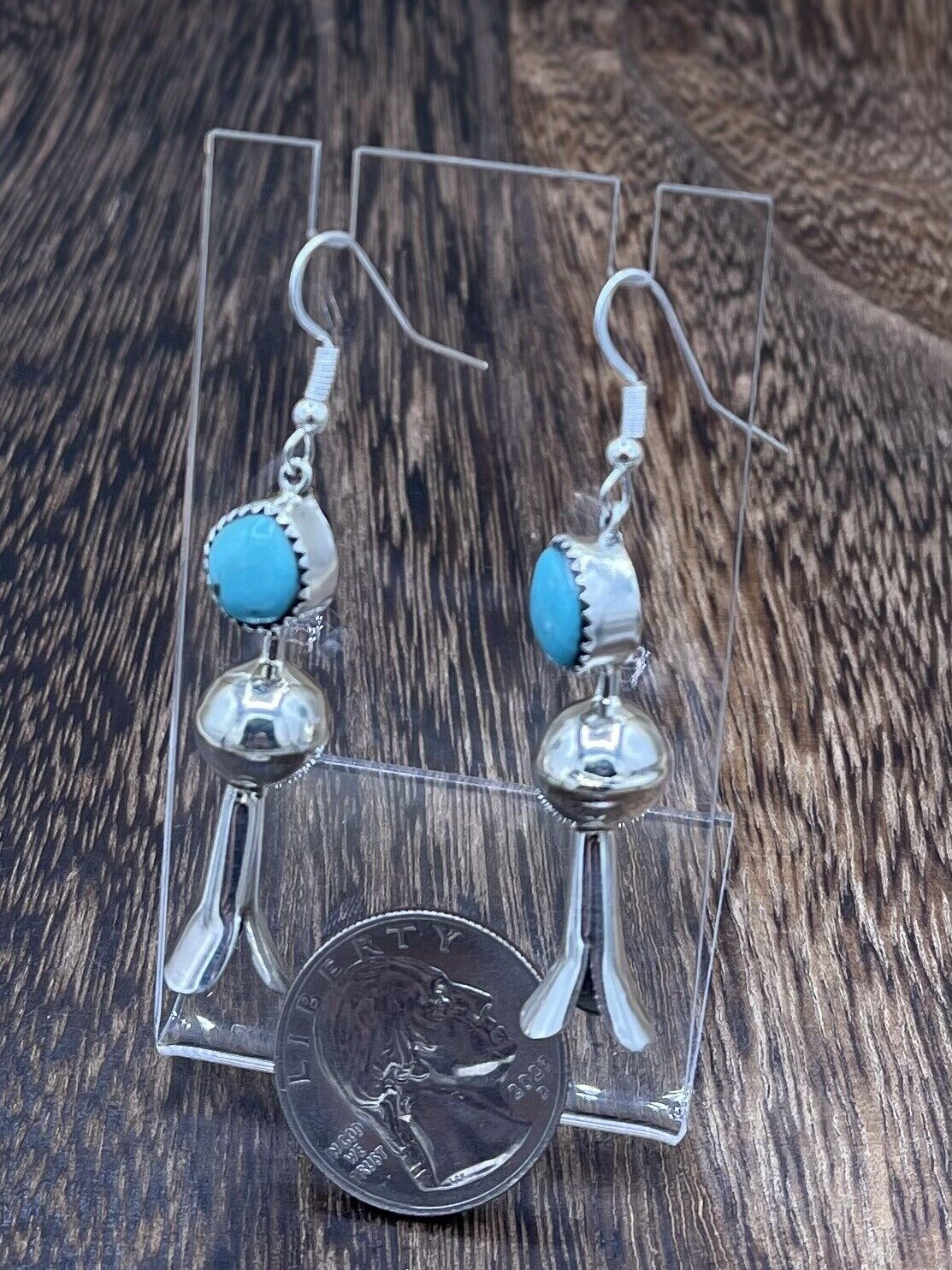 Native American Silver Navajo Handmade Turquoise Dangle Blossom Earrings shiny