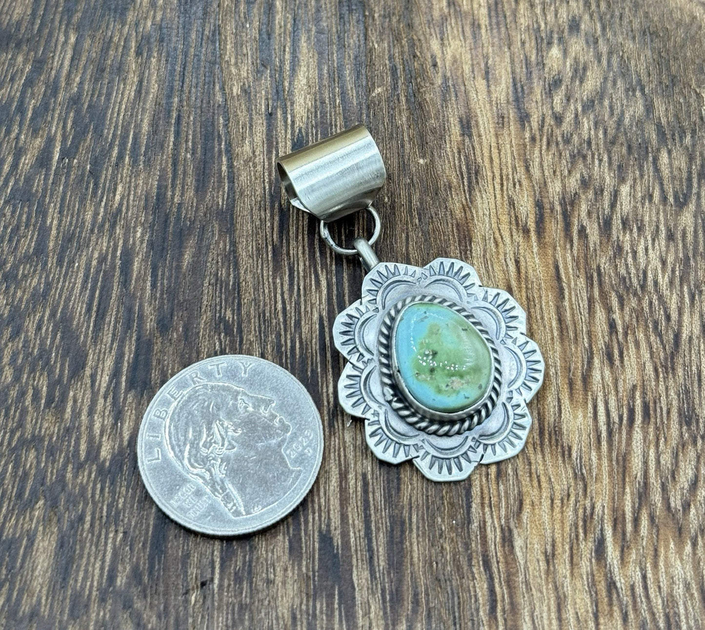 Navajo Handmade Sterling Silver Sonoran Gold Turquoise Stamped Drop Pendant