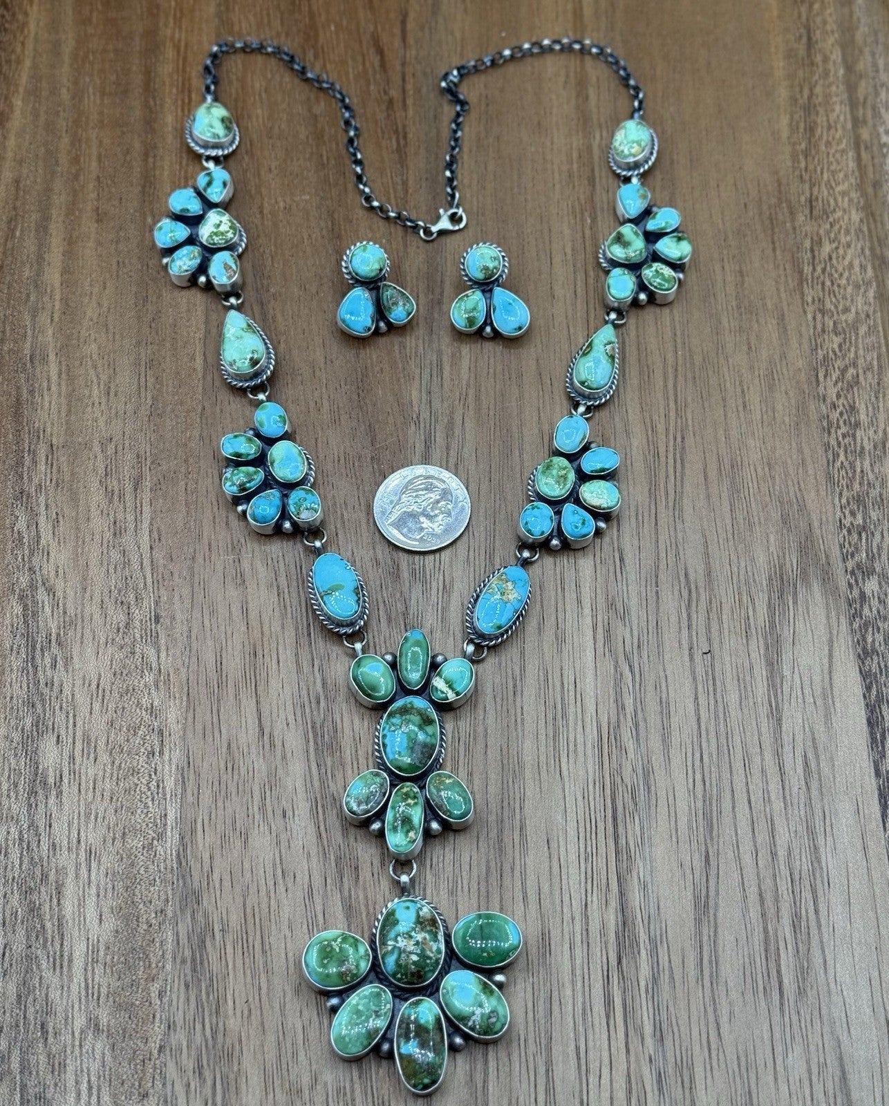 Navajo Handmade Sterling Silver Sonoran Turquoise Cluster Lariat Necklace 24”