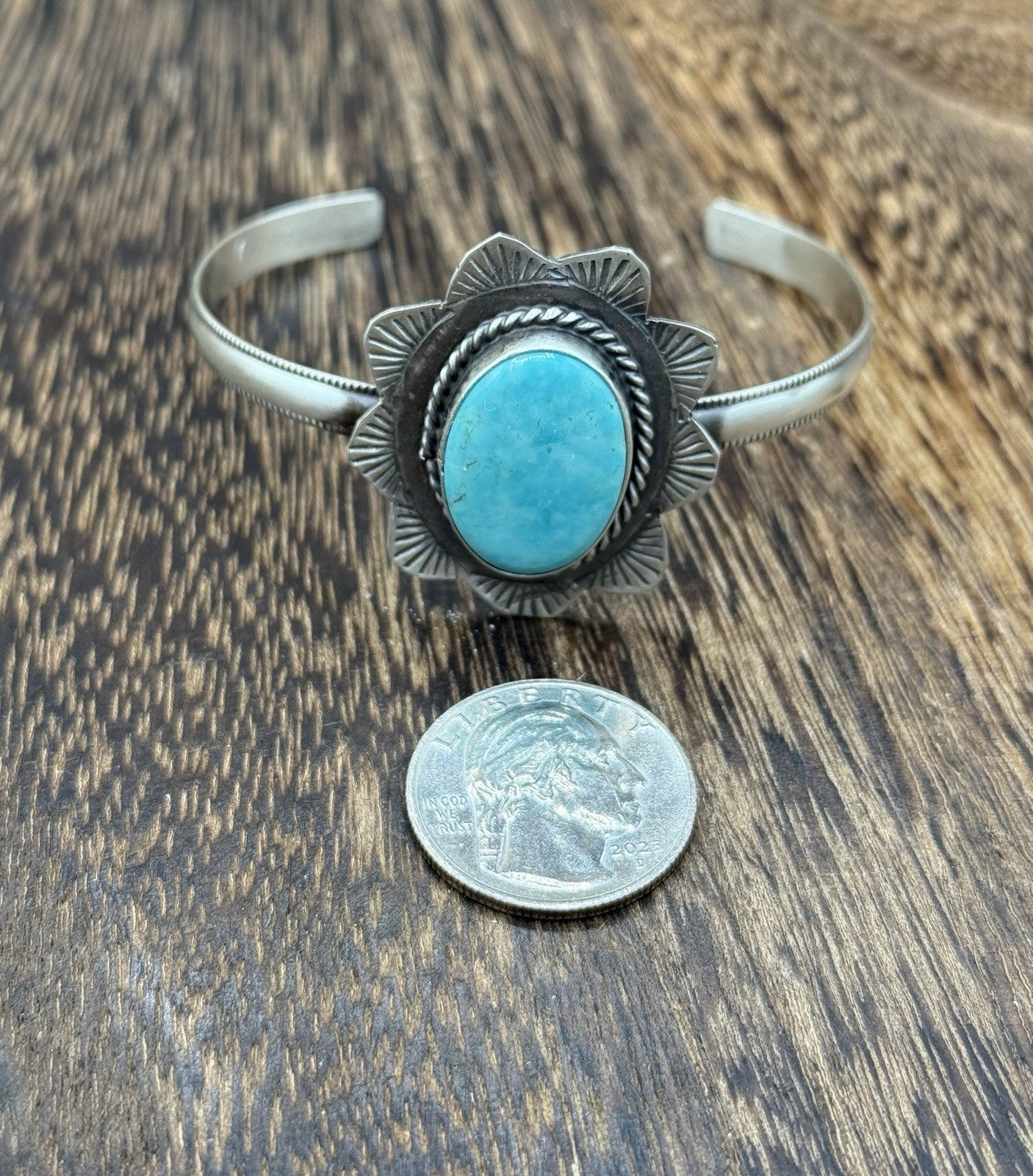 Native Navajo Handmade Sterling Silver Kingman Turquoise Cuff Stamped Bracelet