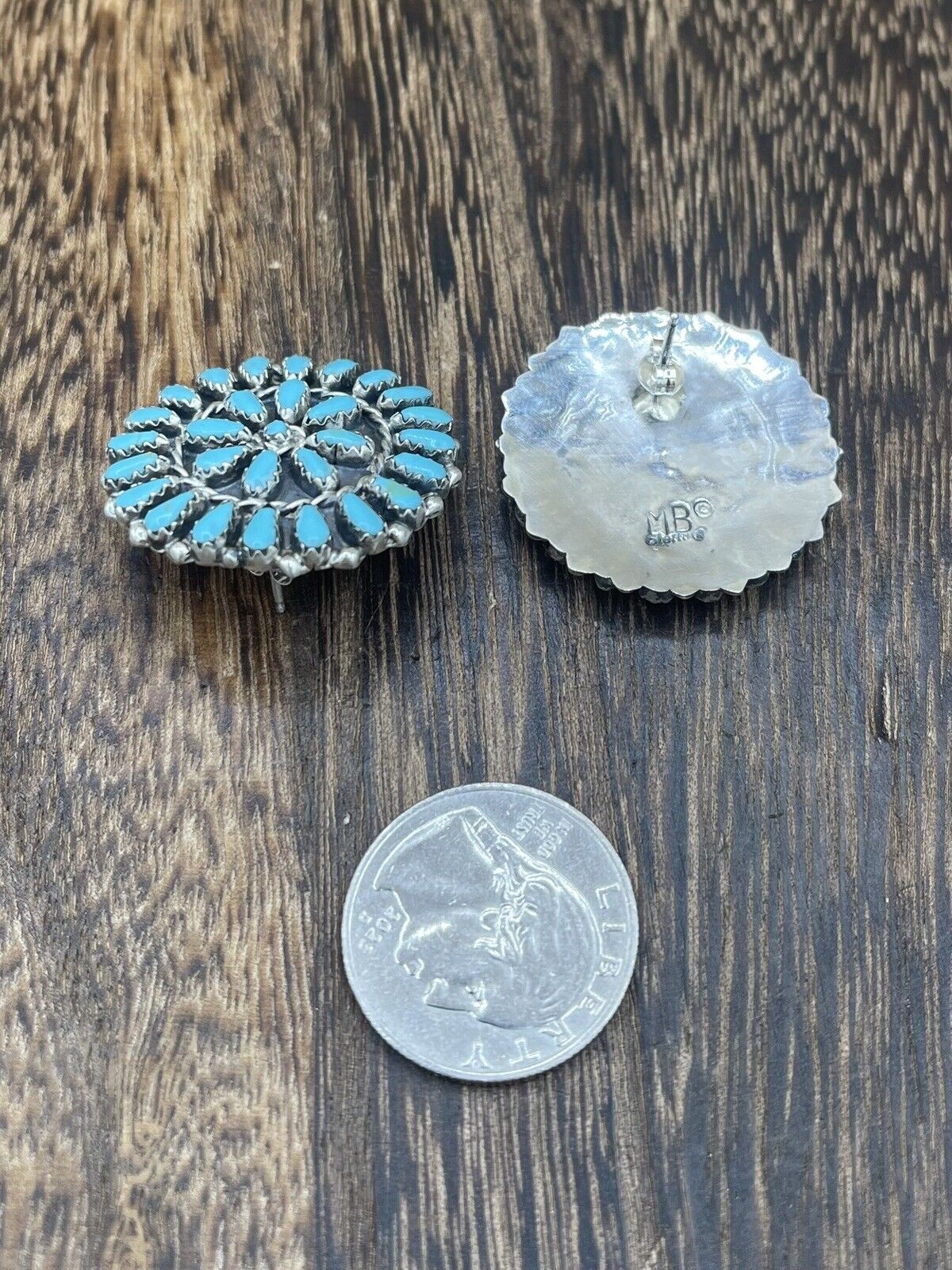 Native American Navajo Handmade Sterling Silver Turquoise Cluster Post earrings