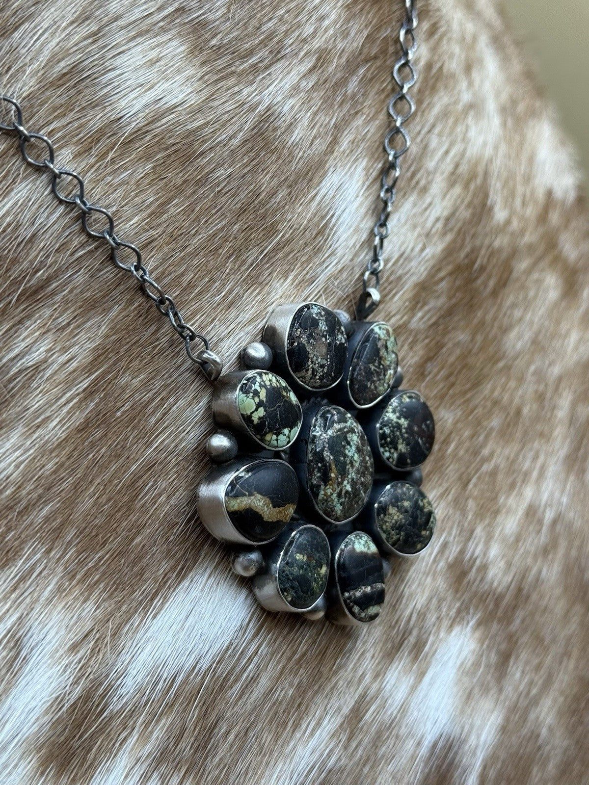 Navajo Handmade Sterling Silver Blackjack Turquoise Cluster Bar Necklace 18”