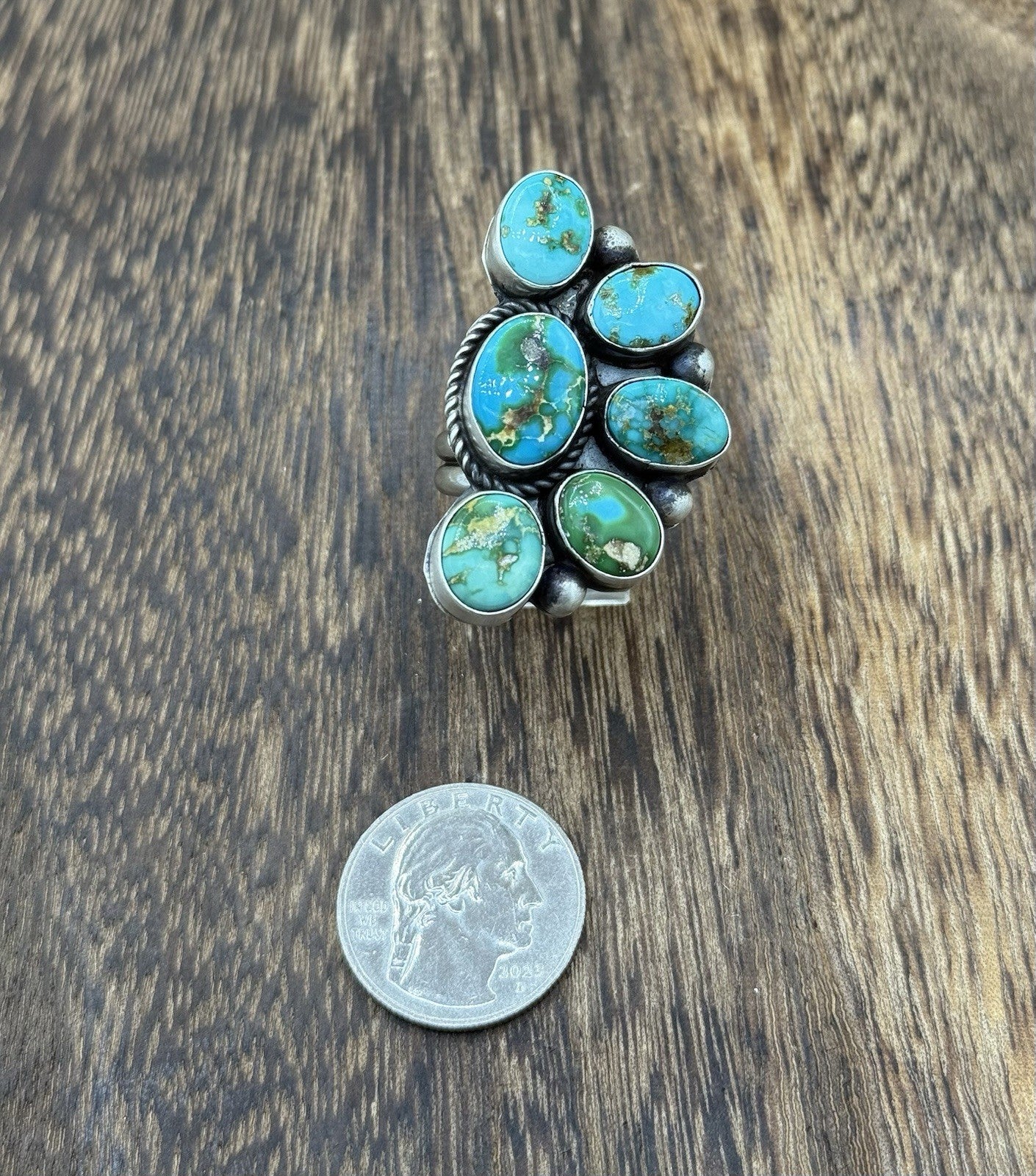 Navajo Handmade Sterling Silver Sonoran Gold Turquoise Half Cluster Ring Size 8