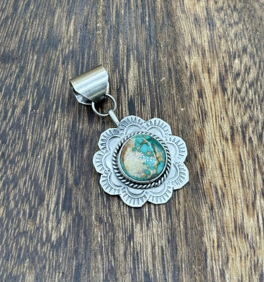 Navajo Handmade Sterling Silver Royston Turquoise Stamped Design Drop Pendant