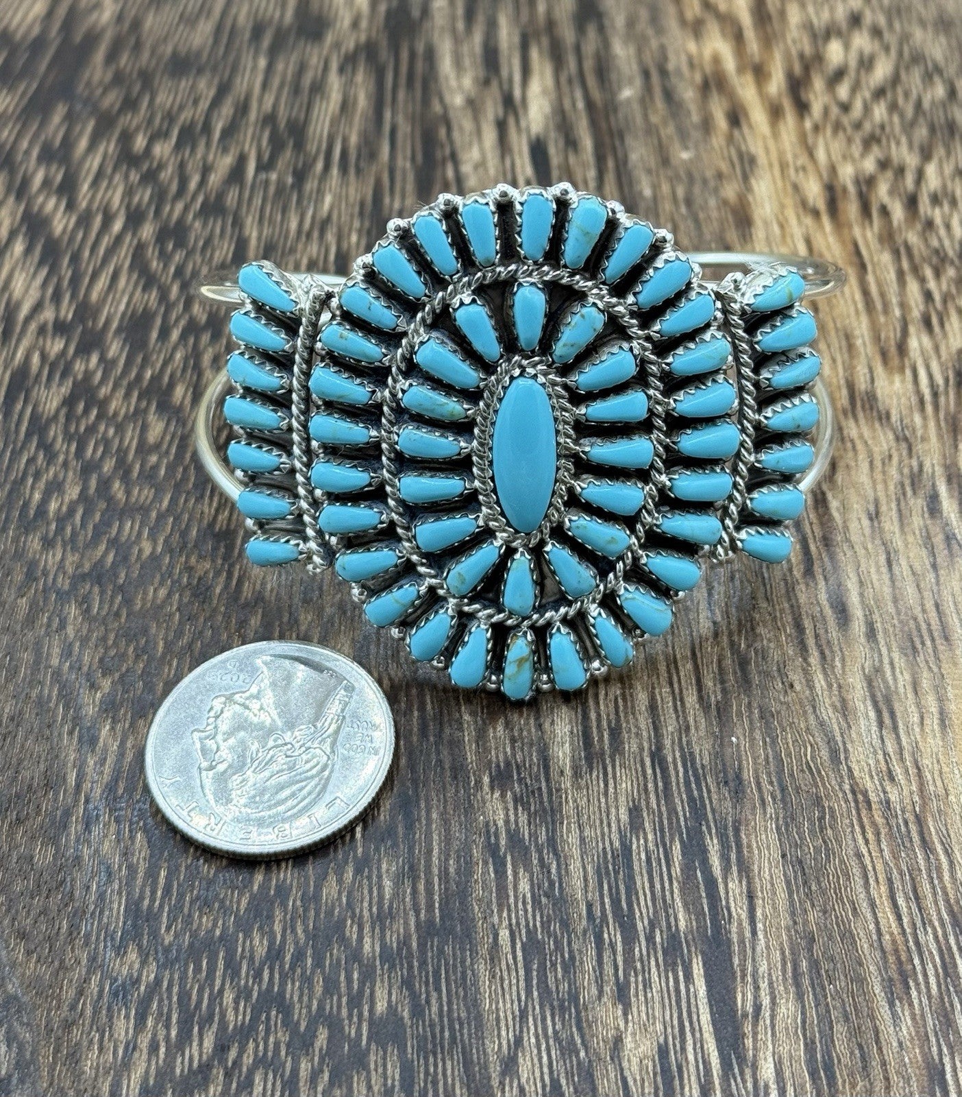 Native American Navajo Handmade Sterling Silver Turquoise Cluster Cuff Bracelet