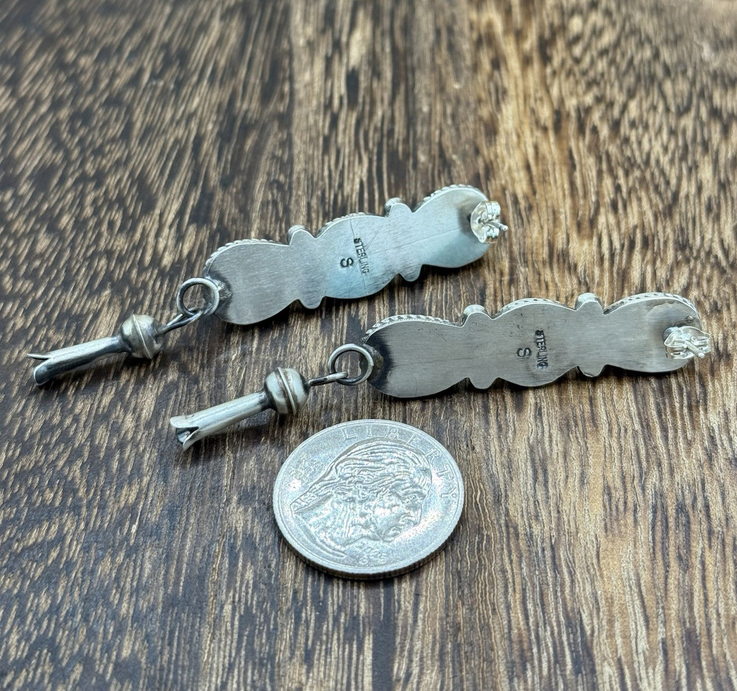 Navajo Handmade Sterling Silver Kingman Turquoise Blossom Post Dangle Earrings