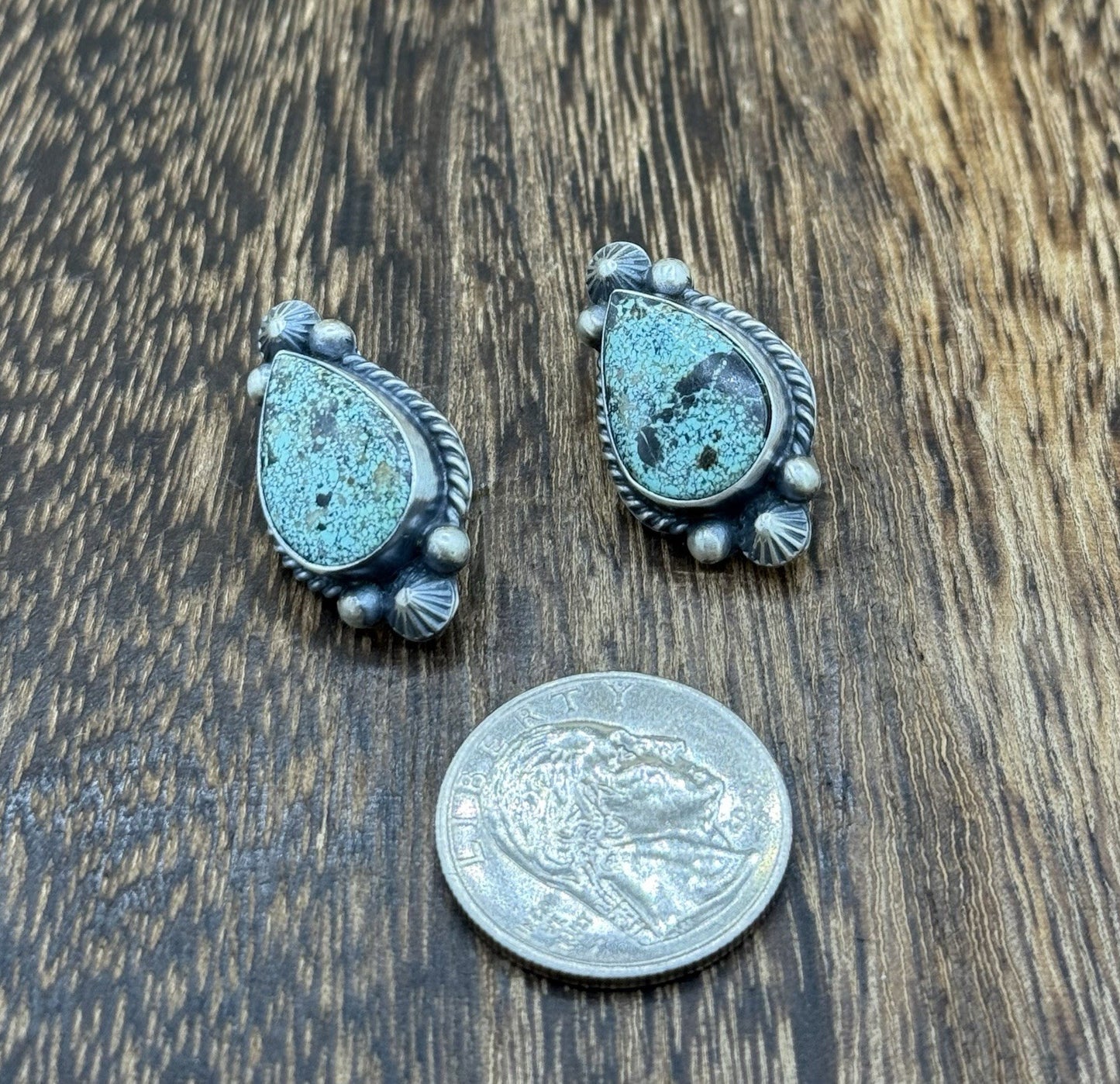 Navajo Handmade Sterling Silver Blackjack Turquoise Old Look Post Stud Earrings