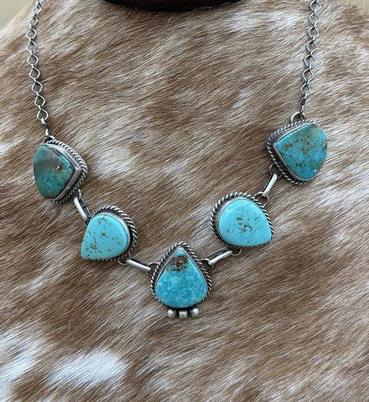 Native Navajo Handmade Sterling Silver Kingman Turquoise Choker Necklace 15”