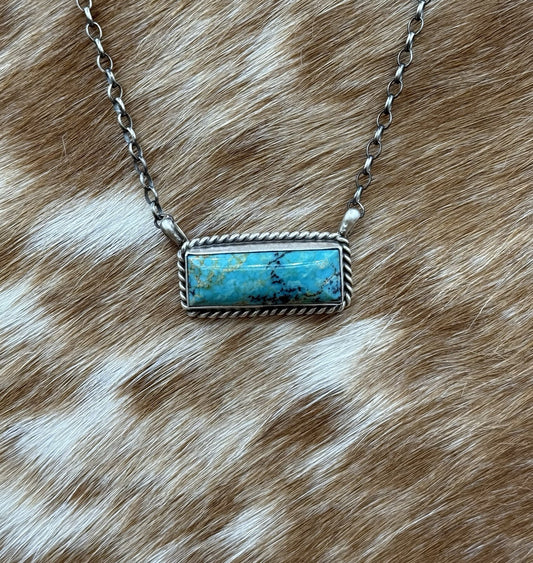 Native Navajo Handmade Sterling Silver Kingman Turquoise Bar Necklace 18”