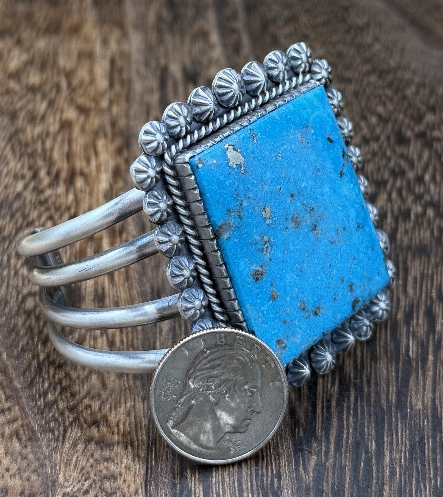 Native Navajo Handmade Sterling Silver Morenci Turquoise Old Look Cuff Bracelet