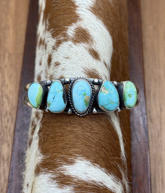 Navajo Handmade Sterling Silver Sonoran Gold Turquoise Cluster Cuff Bracelet