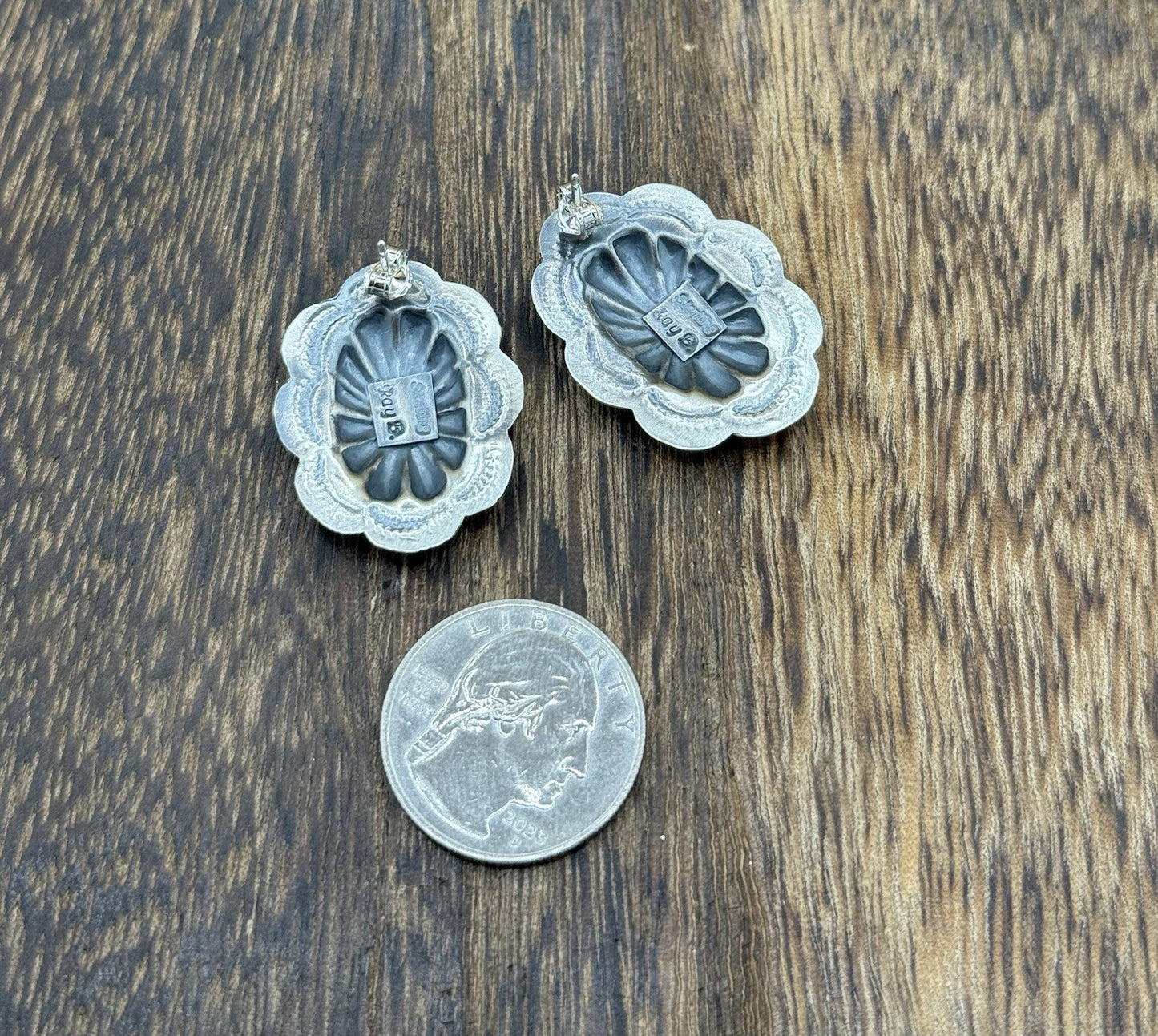 Navajo Handmade Sterling Silver Old Look Stamped Concho Design Post Earrings