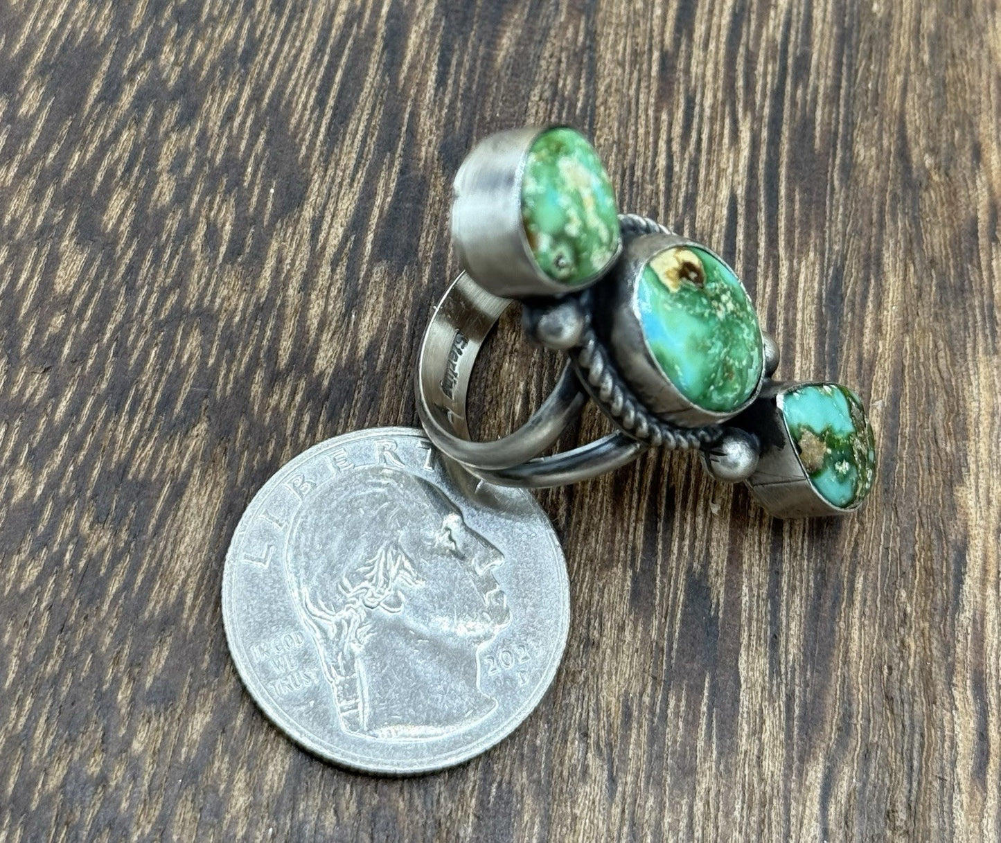 Navajo Handmade Sterling Silver Sonoran Gold Turquoise Cluster Ring Size 7