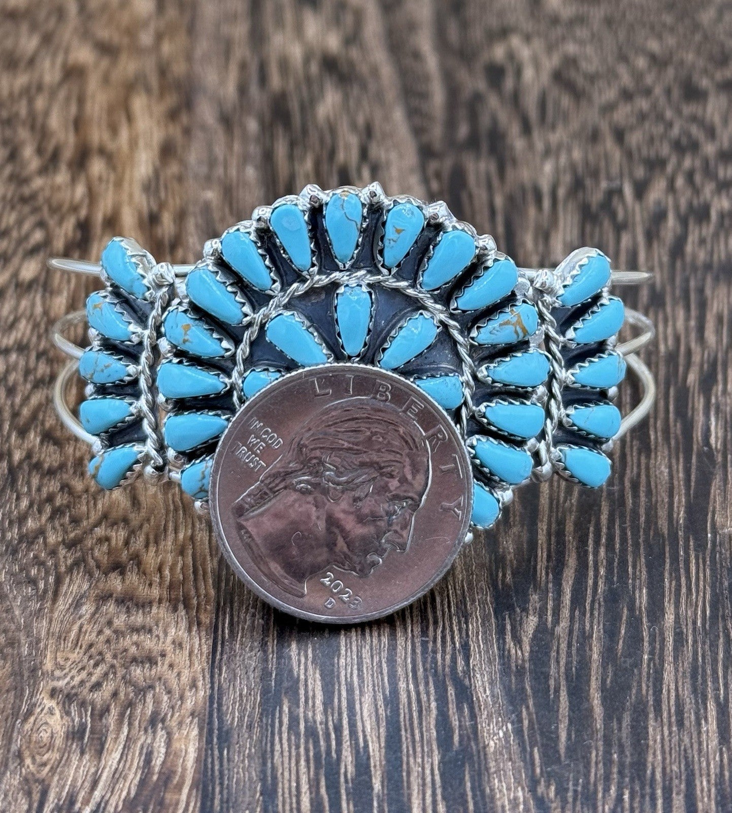 Native American Navajo Handmade Sterling Silver Turquoise Cluster Cuff Bracelet