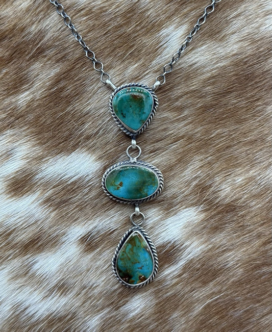 Native Navajo Handmade Sterling Silver Kingman Turquoise Lariat Necklace 18”