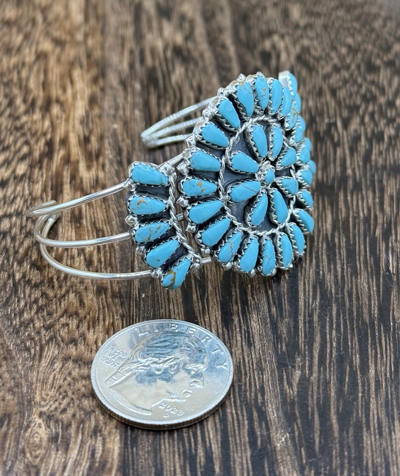 Native American Navajo Handmade Sterling Silver Turquoise Cluster Cuff Bracelet