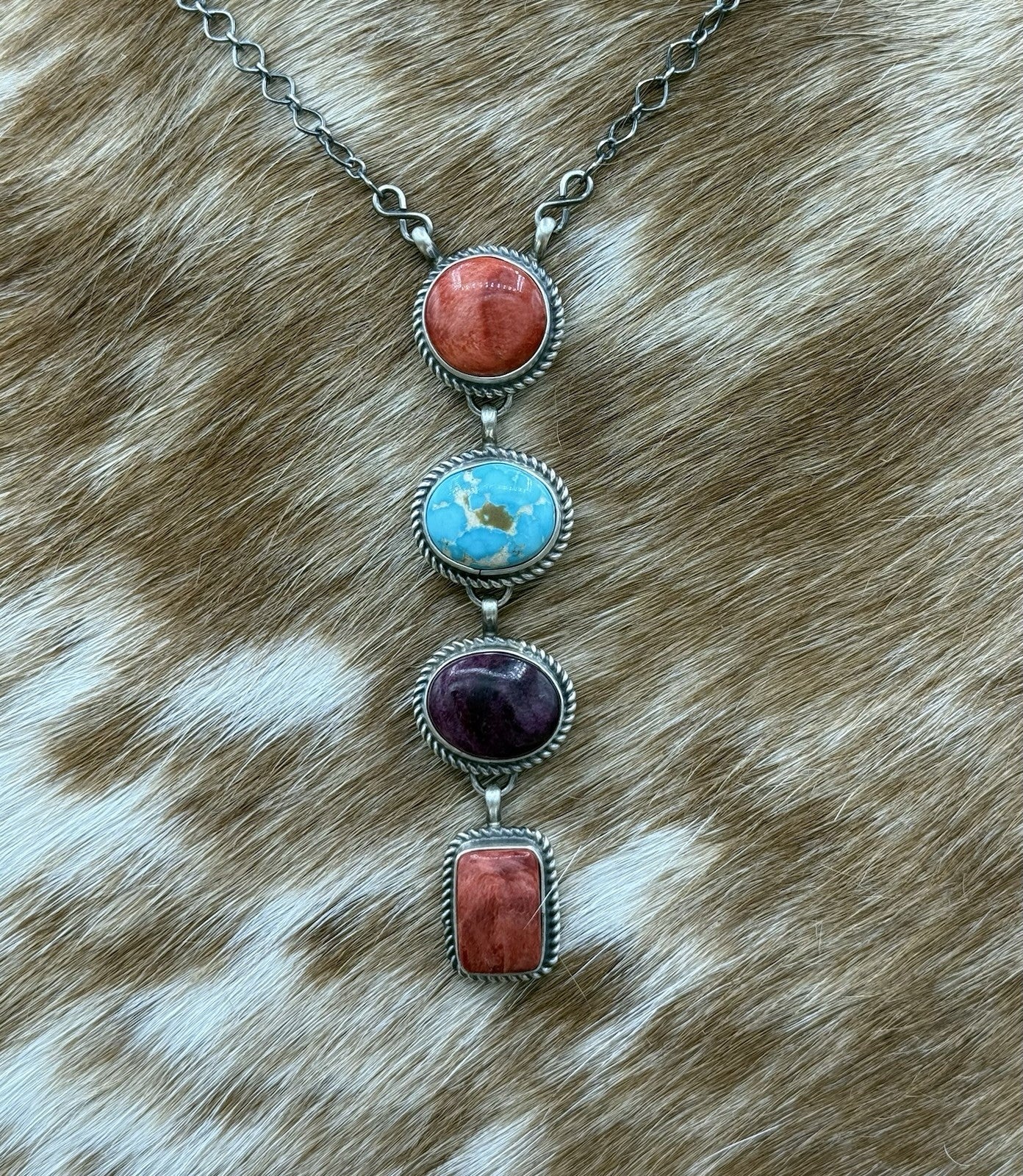 Navajo Handmade Sterling Silver Multi Color Mixed Stone Lariat Necklace 18”