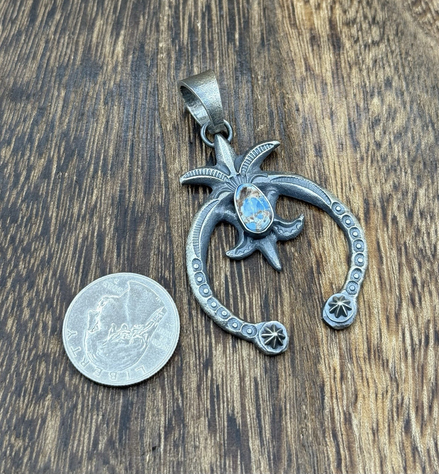 Navajo Handmade Sterling Silver Old Look Golden Hills Turquoise Naja Pendant