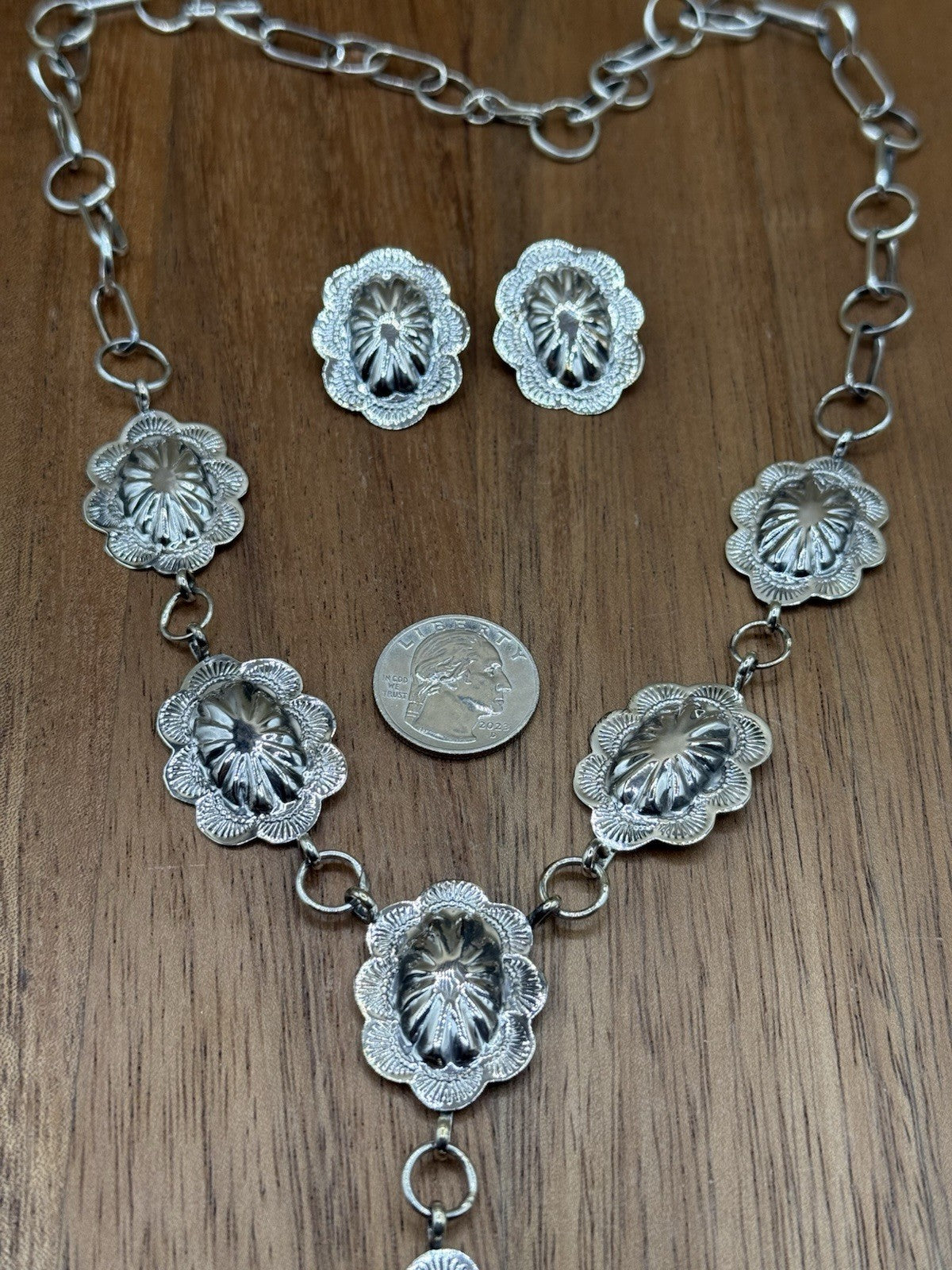 Navajo Handmade Sterling Silver Stamped Concho Shiny Lariat Necklace Set 24”