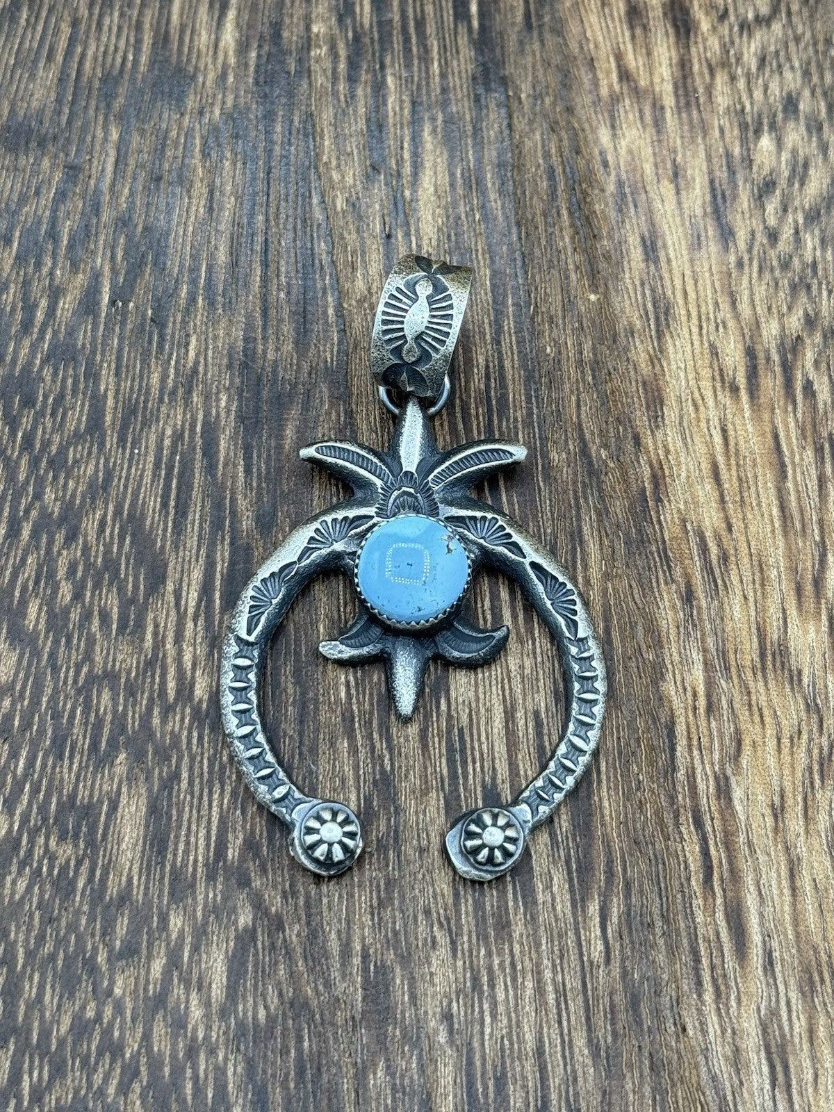 Navajo Handmade Sterling Silver Old Look Golden Hills Turquoise Naja Pendant