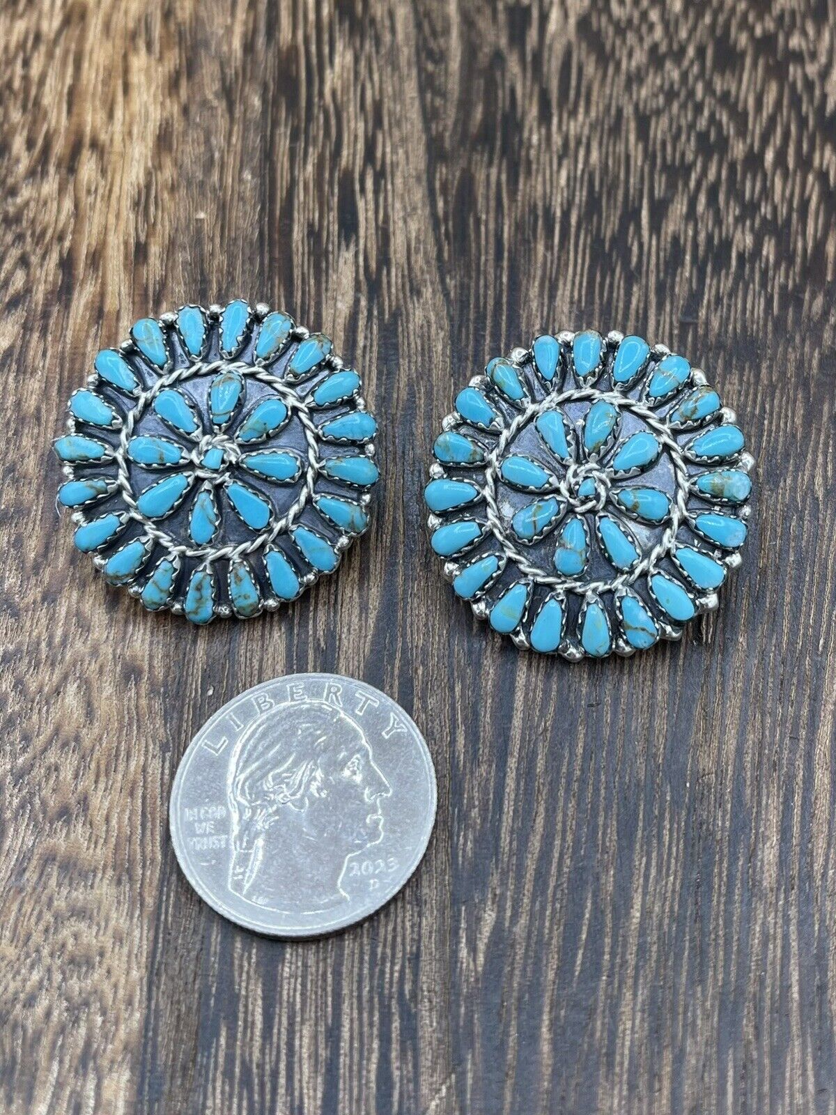 Native American Navajo Handmade Sterling Silver Turquoise Cluster Post earrings