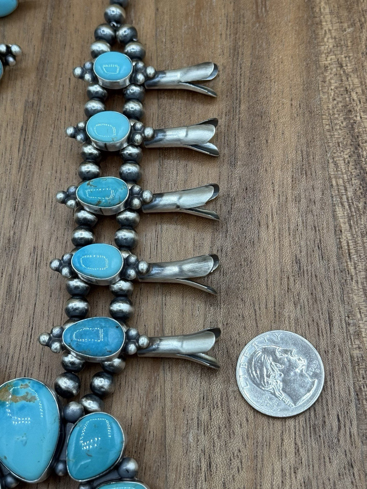 Navajo Handmade Sterling Silver Kingman Turquoise Squash Blossom Necklace 20”