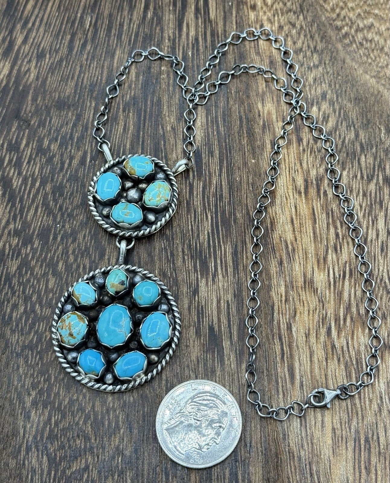 Navajo Handmade Sterling Silver Kingman Turquoise Cluster Bar Necklace 18”