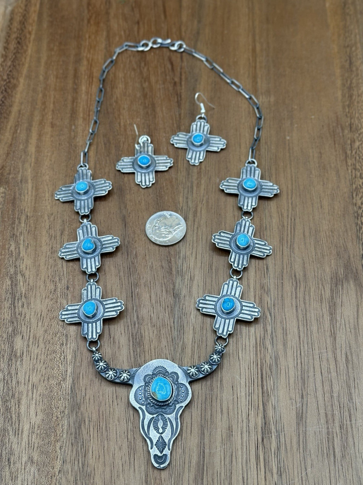 Navajo Handmade Sterling Silver Kingman Turquoise Longhorn Zia Necklace Set