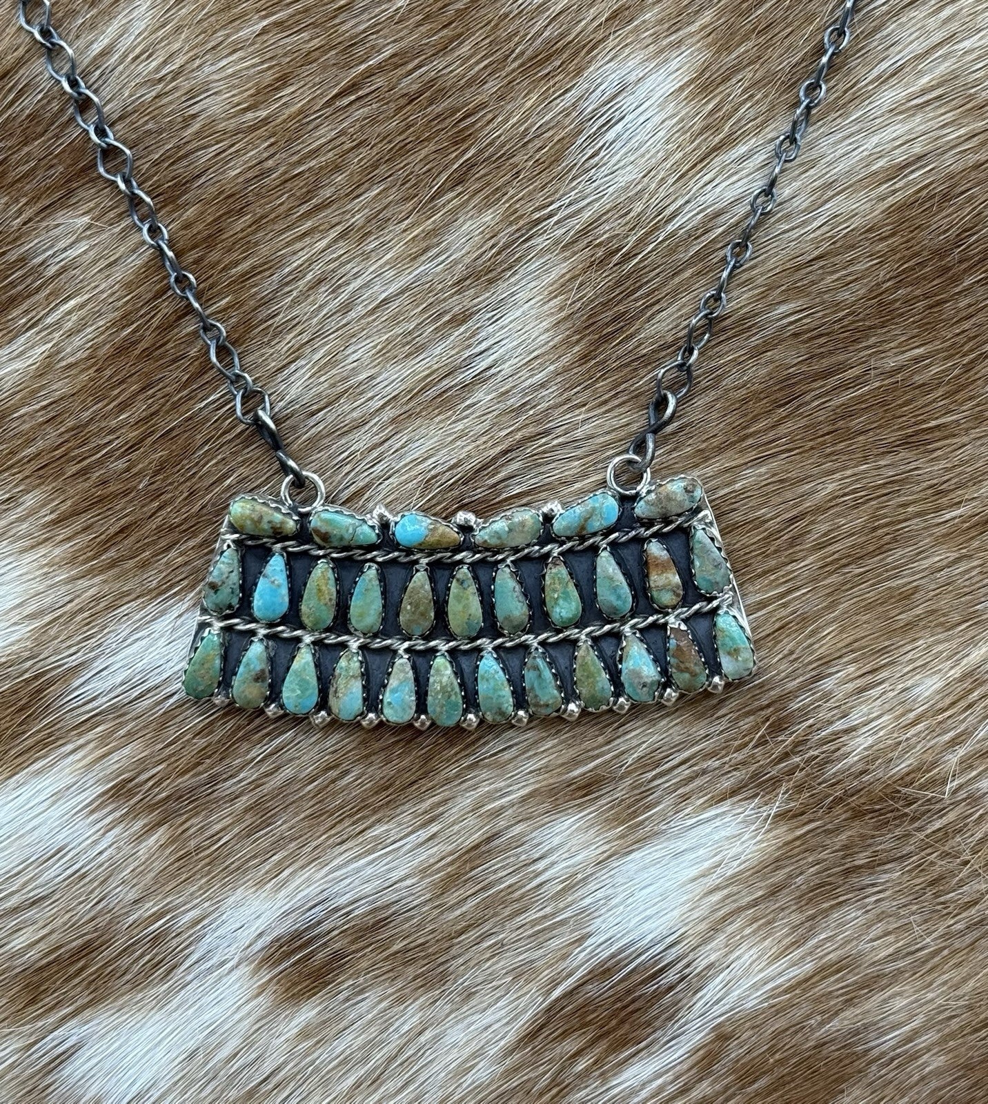 Native Navajo Handmade Sterling Silver Turquoise Cluster Bar Necklace 18”