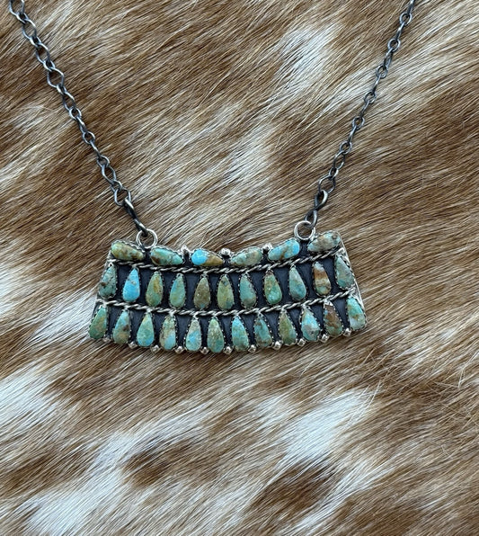 Native Navajo Handmade Sterling Silver Turquoise Cluster Bar Necklace 18”