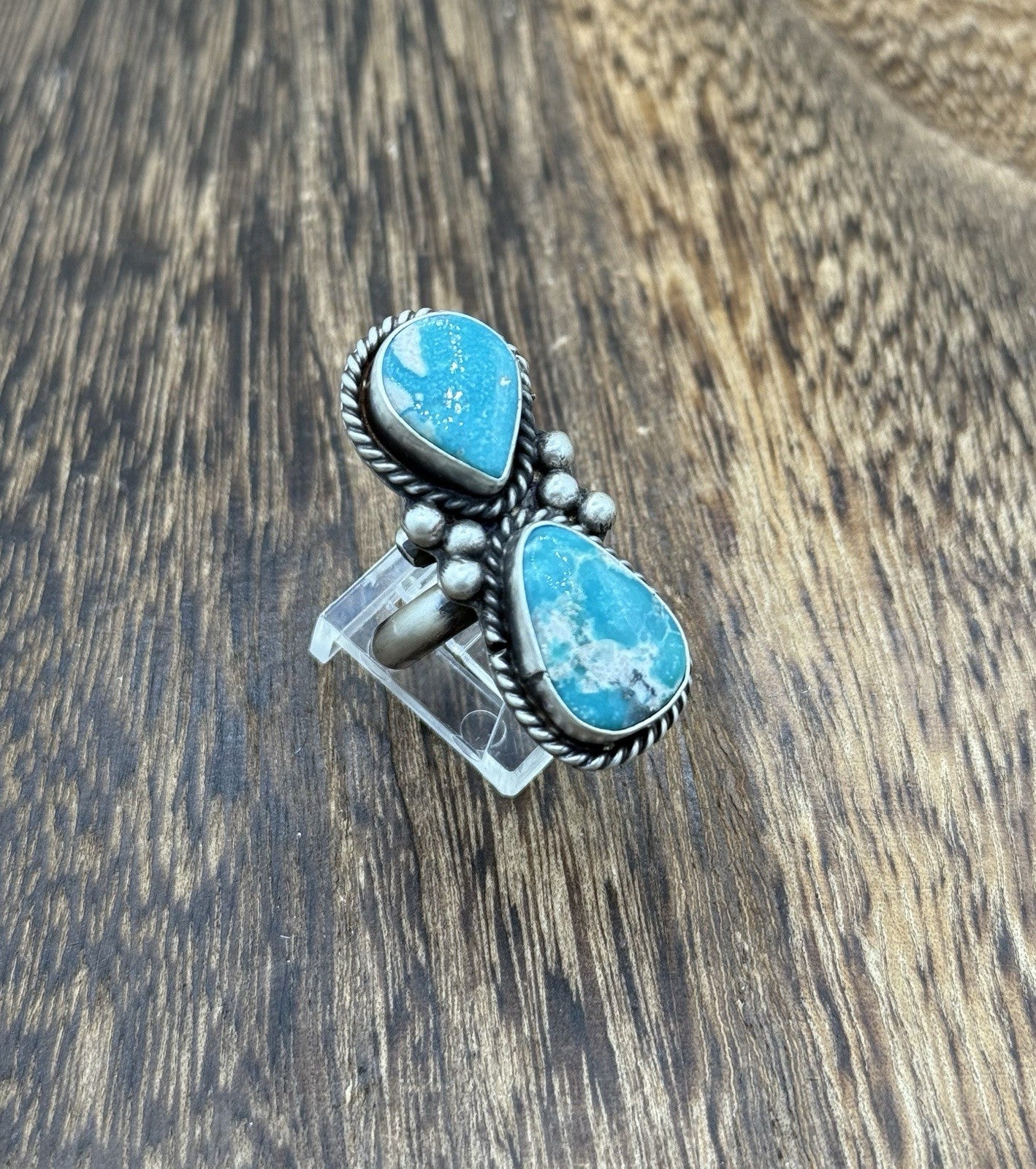 Navajo Handmade Sterling Silver White Water Turquoise Adjustable Ring Size 7 - 9