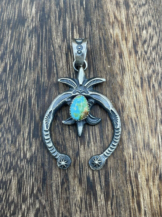 Native American Indian  Navajo Handmade Silver Old Look Turquoise Naja Pendant