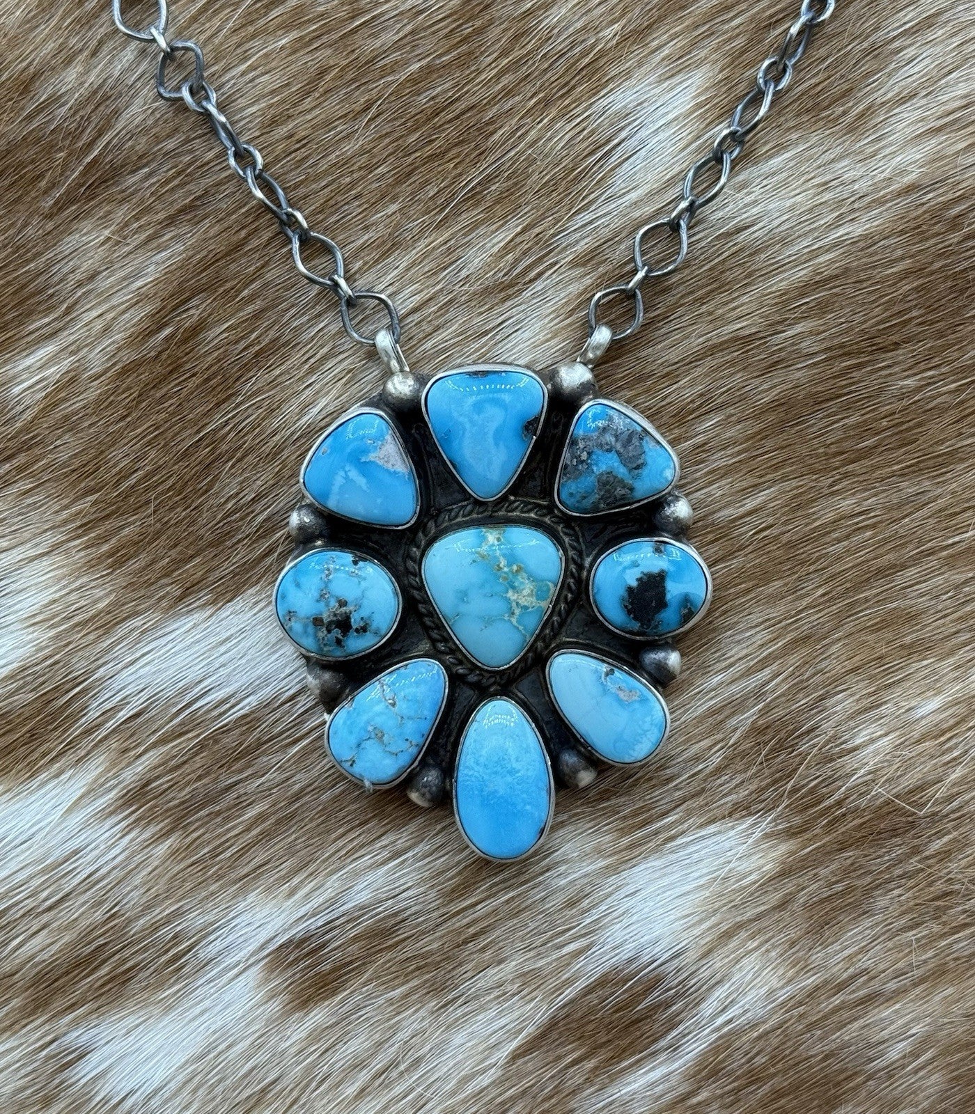Navajo Handmade Sterling Silver Blue Ridge Turquoise Cluster Bar Necklace 18”