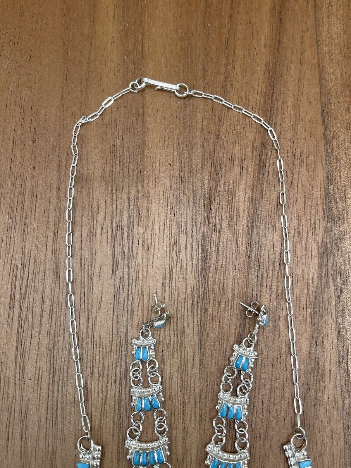 Native American Zuni handmade Silver Turquoise Inlay Squash Blossom Necklace 22”