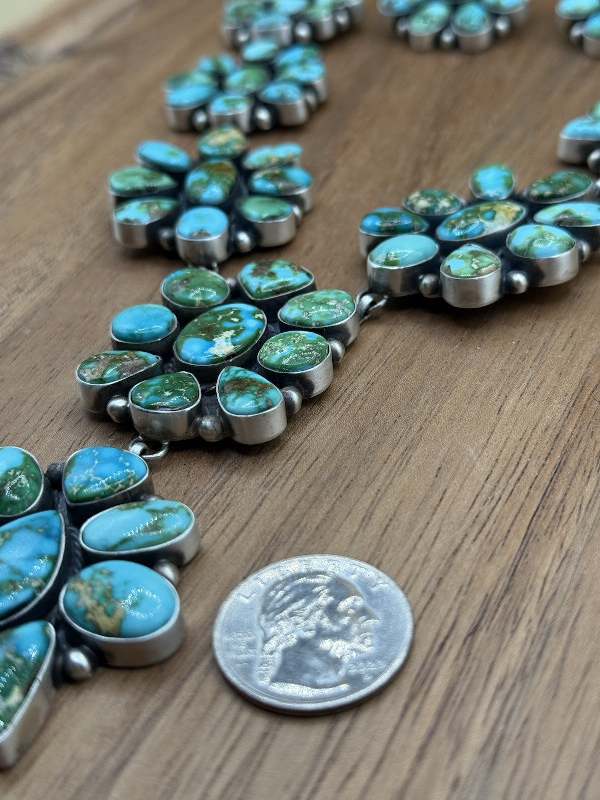 Navajo Handmade Sterling Silver Sonoran Turquoise Cluster Lariat Necklace 24”