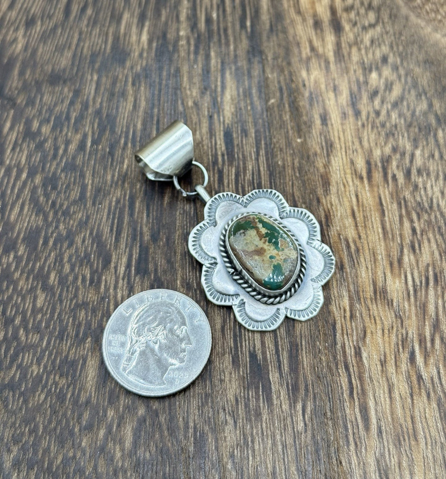 Navajo Handmade Sterling Silver Royston Turquoise Stamped Design Drop Pendant