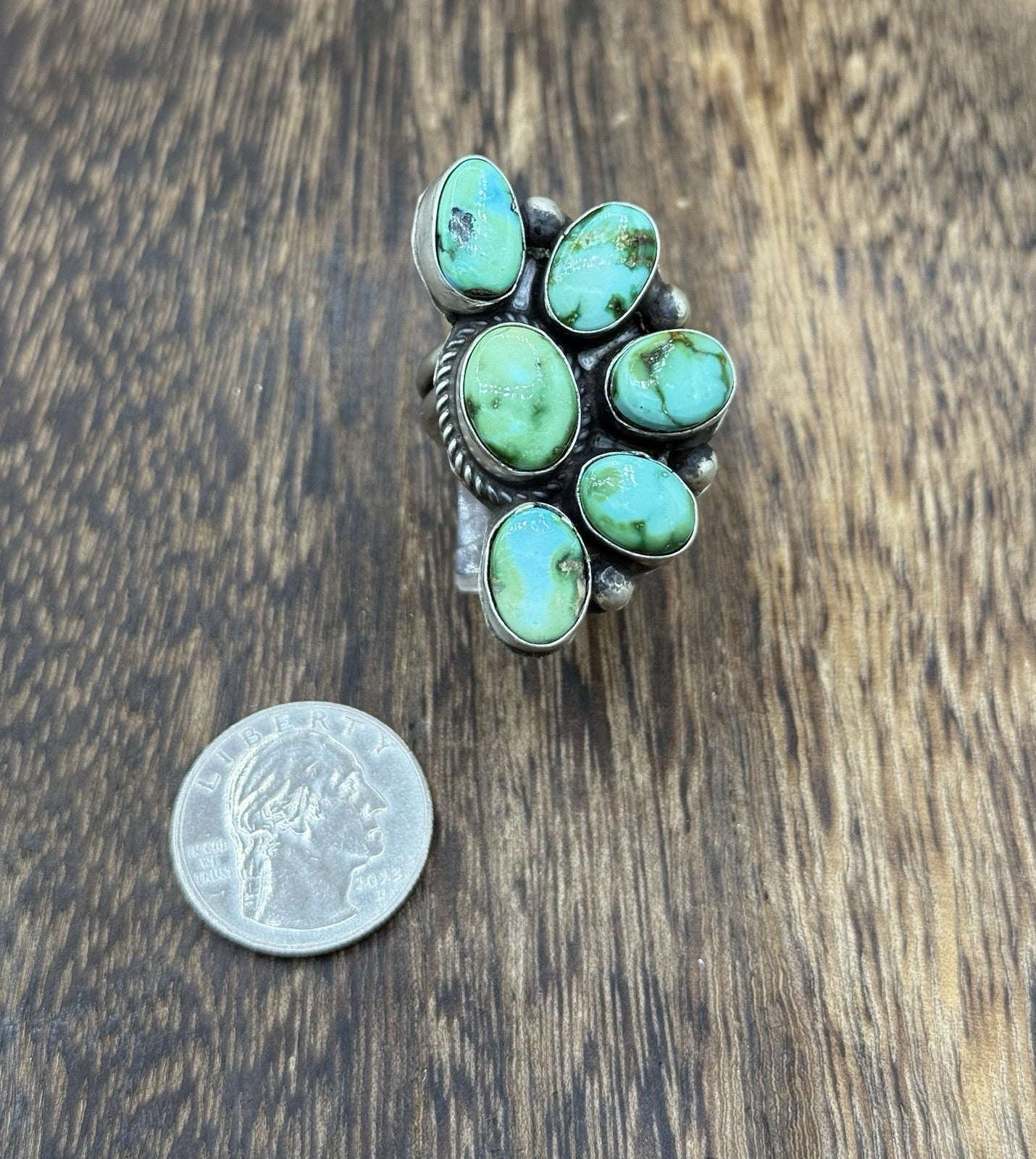 Navajo Handmade Sterling Silver Sonoran Gold Turquoise Half Cluster Ring Size 8