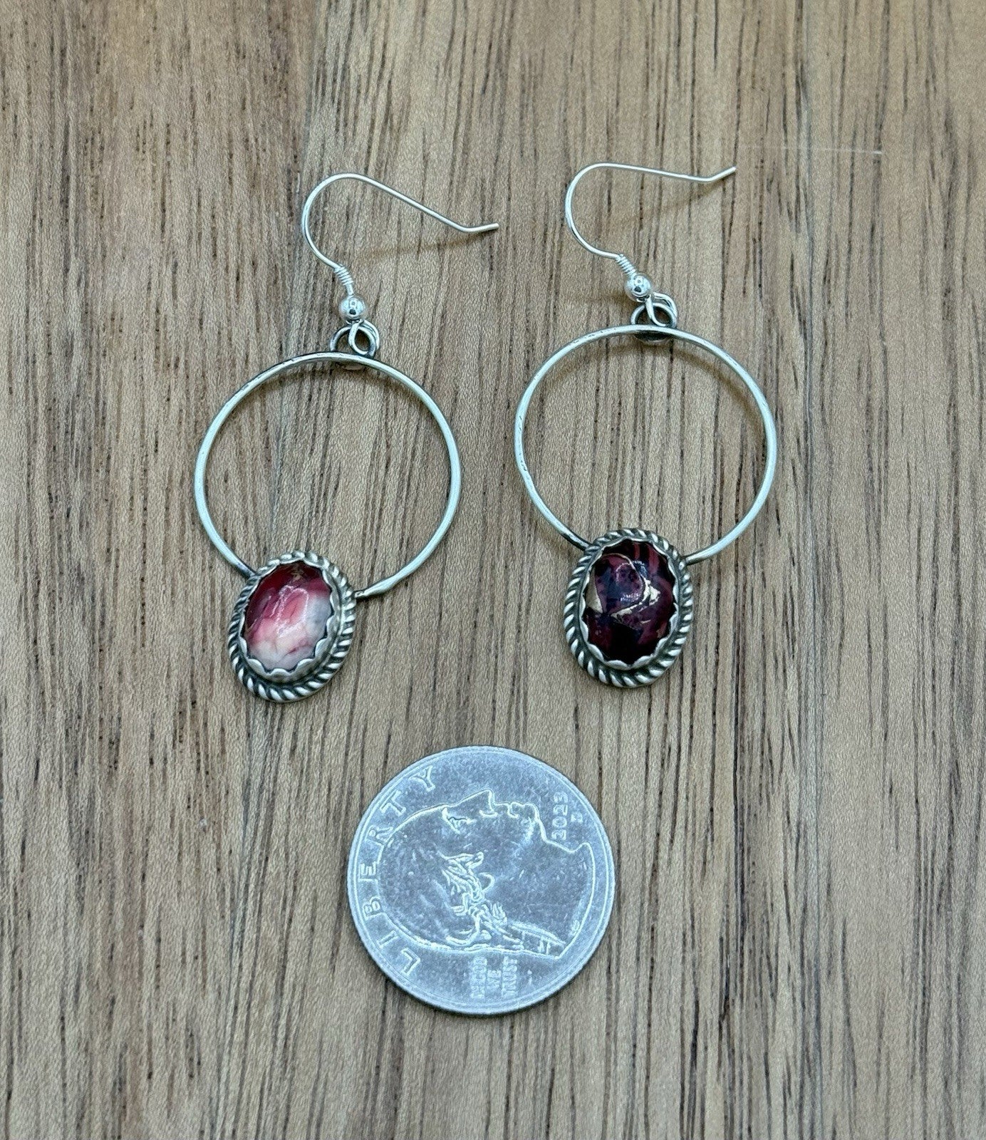 Navajo Handmade Sterling Silver Red Dahlia Rose Hoop Dangle Drop Earrings