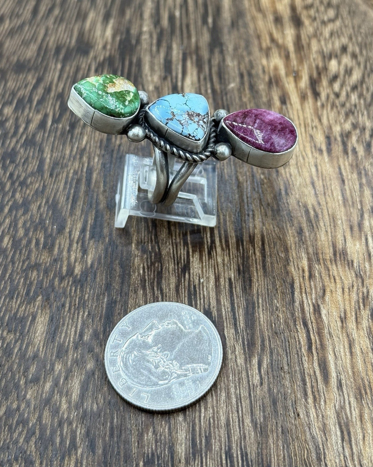 Native Navajo Handmade Sterling Silver Mixed Stone Turquoise Cluster Ring Size 9