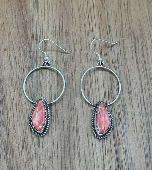 Navajo Handmade Sterling Silver Red Spiny Oyster Shell Hoop Dangle Drop Earrings