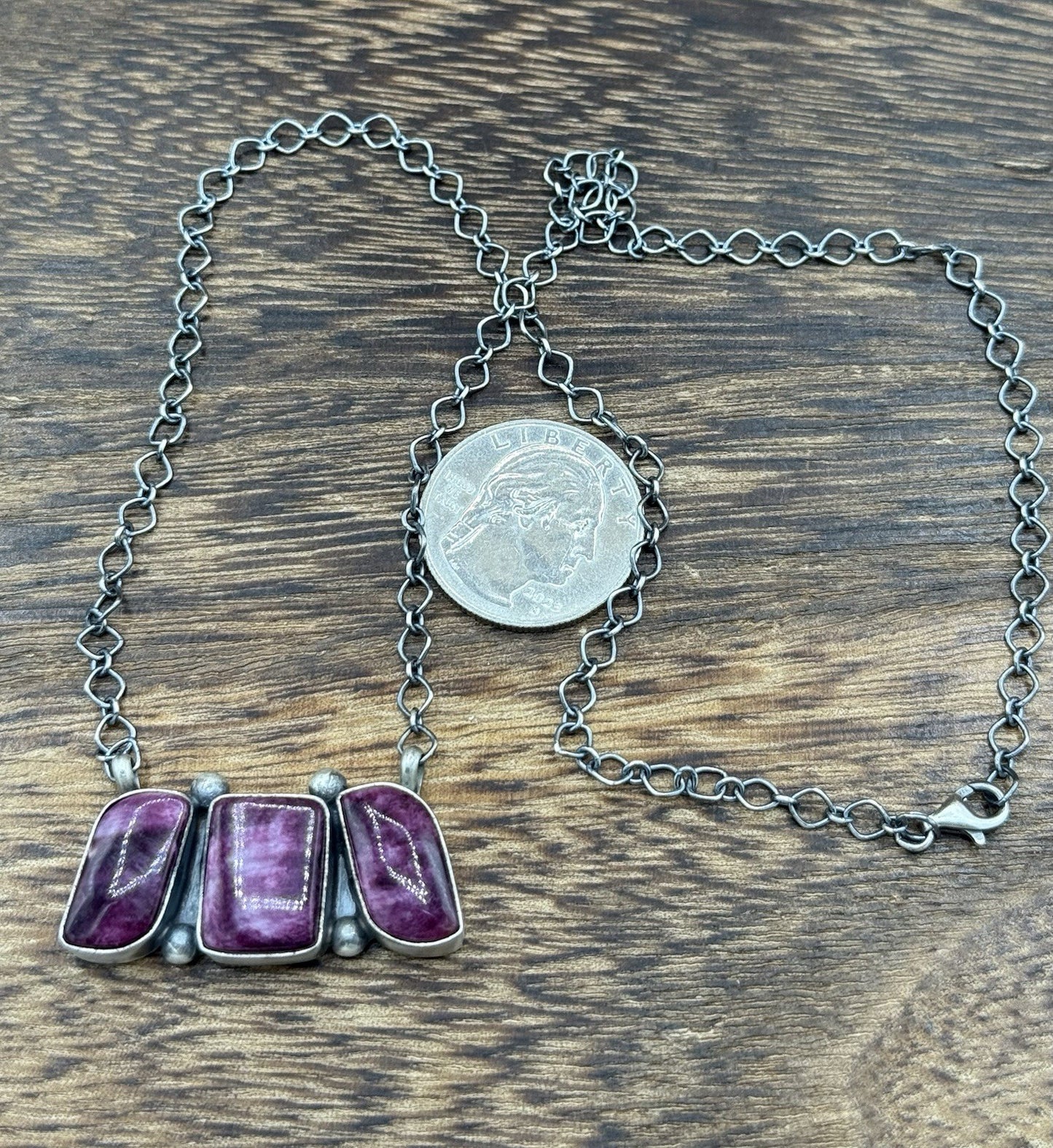 Navajo Handmade Sterling Silver Purple Spiny Oyster Cluster Bar Necklace 18”