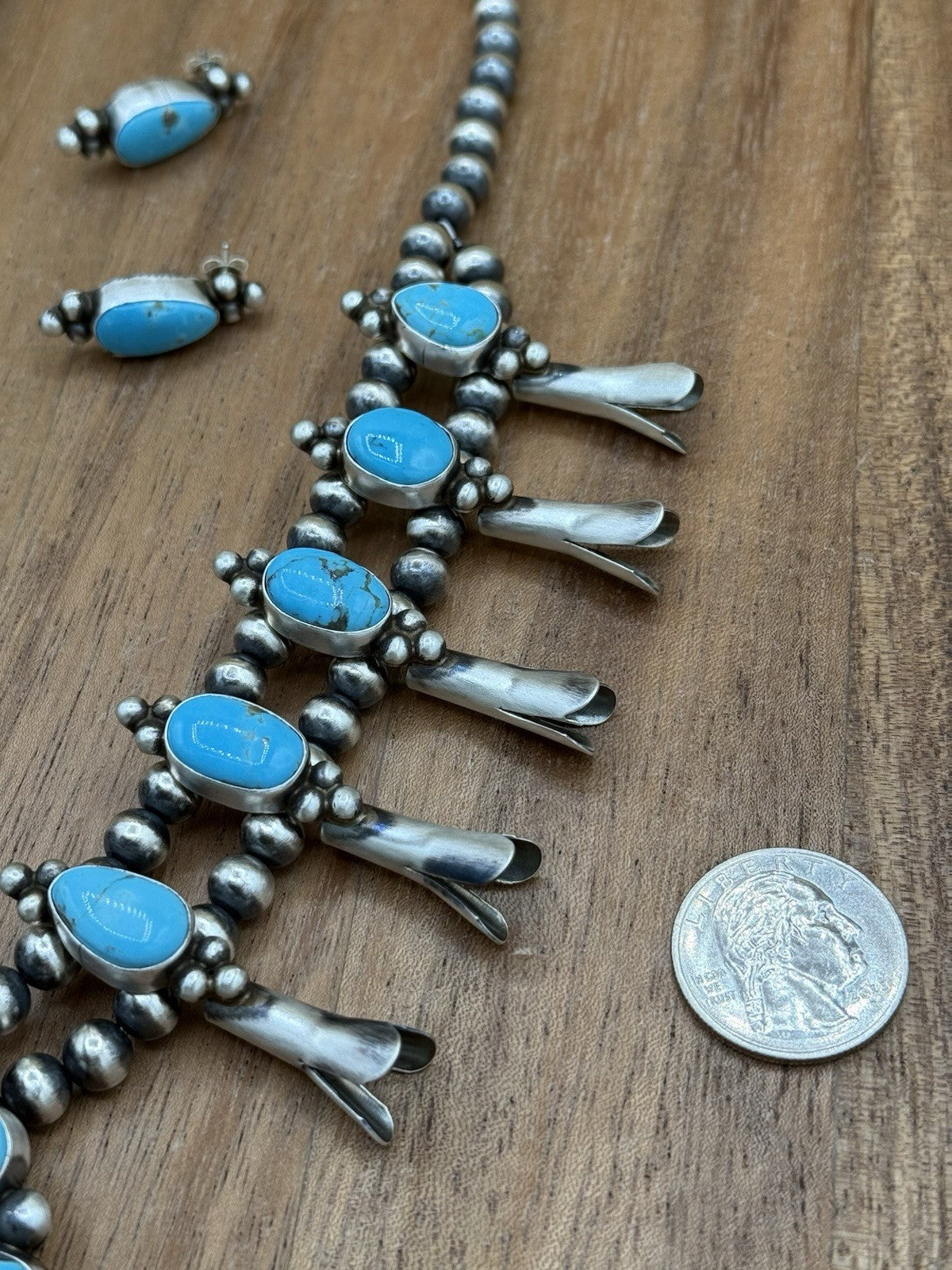 Navajo Handmade Sterling Silver Kingman Turquoise Squash Blossom Necklace 20”