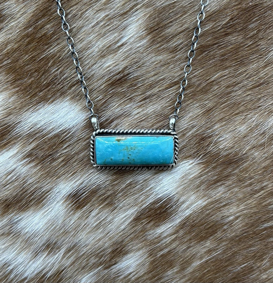 Navajo Handmade Sterling Silver Kingman Turquoise Bar Necklace 16”