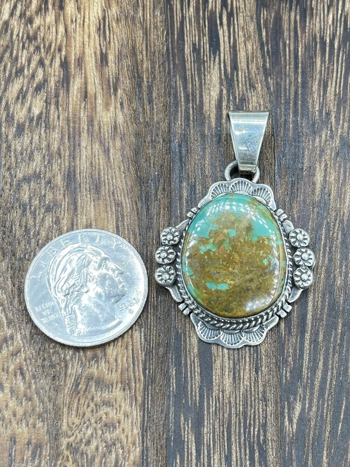 Native American Sterling Silver Navajo Handmade Natural Turquoise Pendant