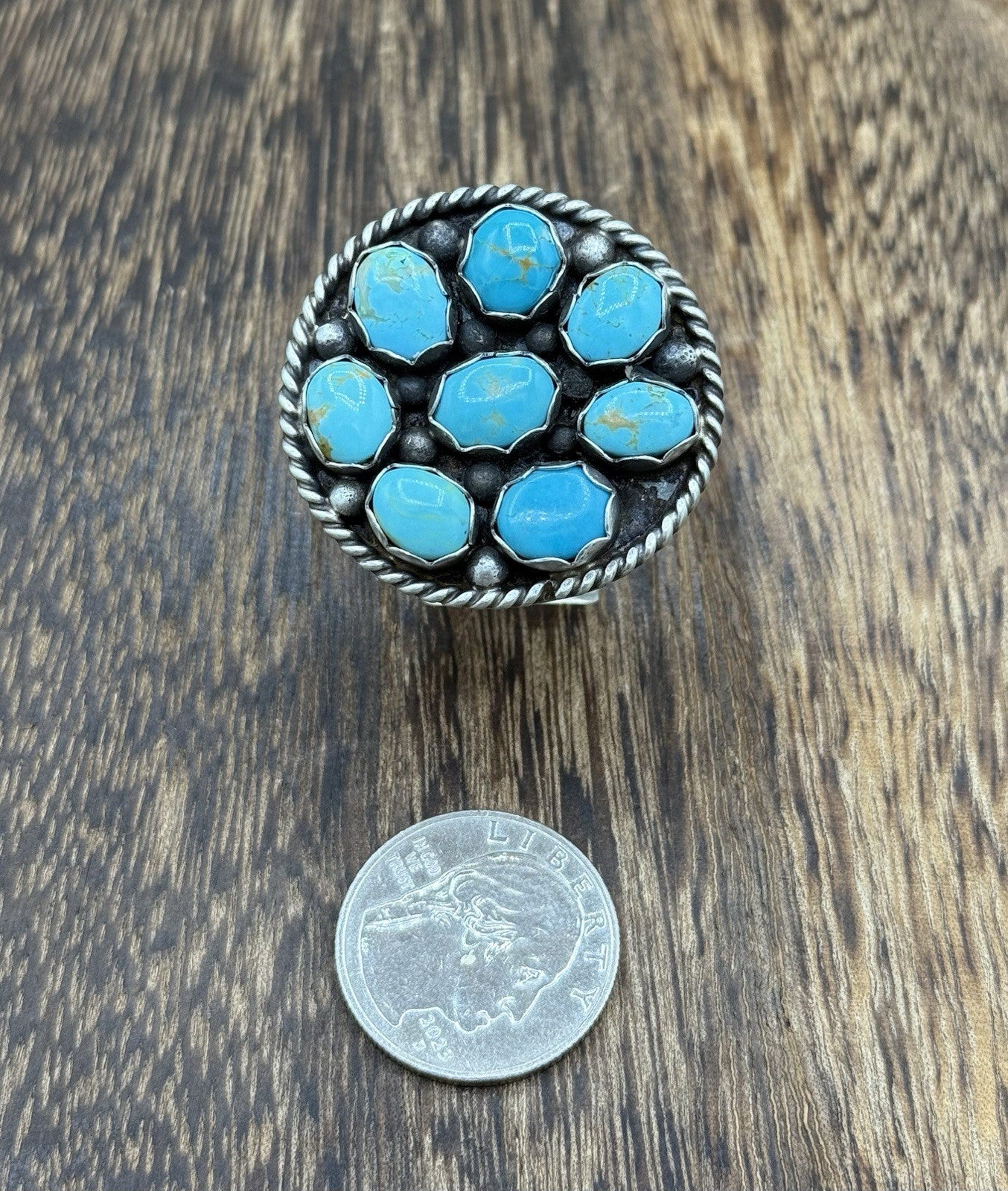 Navajo Handmade Sterling Silver Kingman Turquoise Adjustable Ring Size 7 To 9