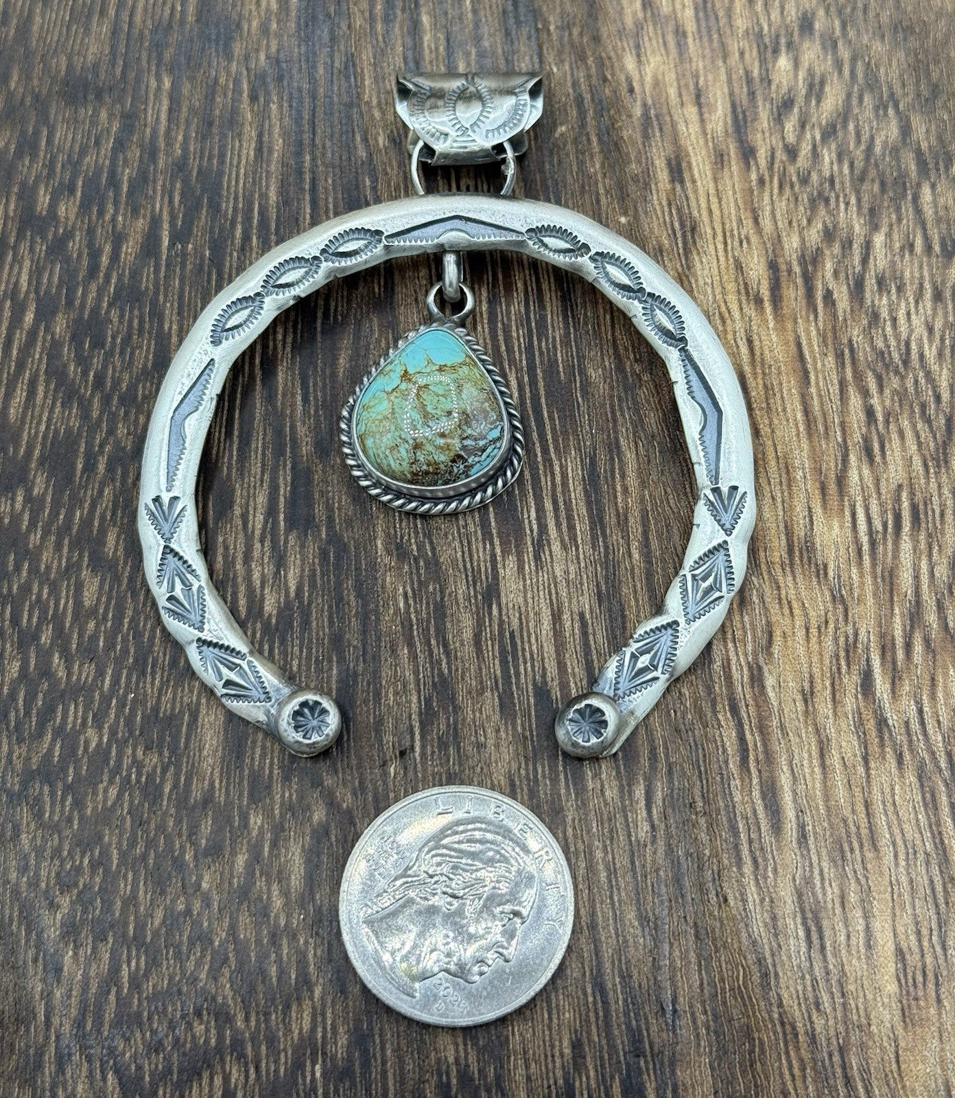 Navajo Handmade Sterling Silver Stamped Blue Glacier Turquoise Naja Pendant