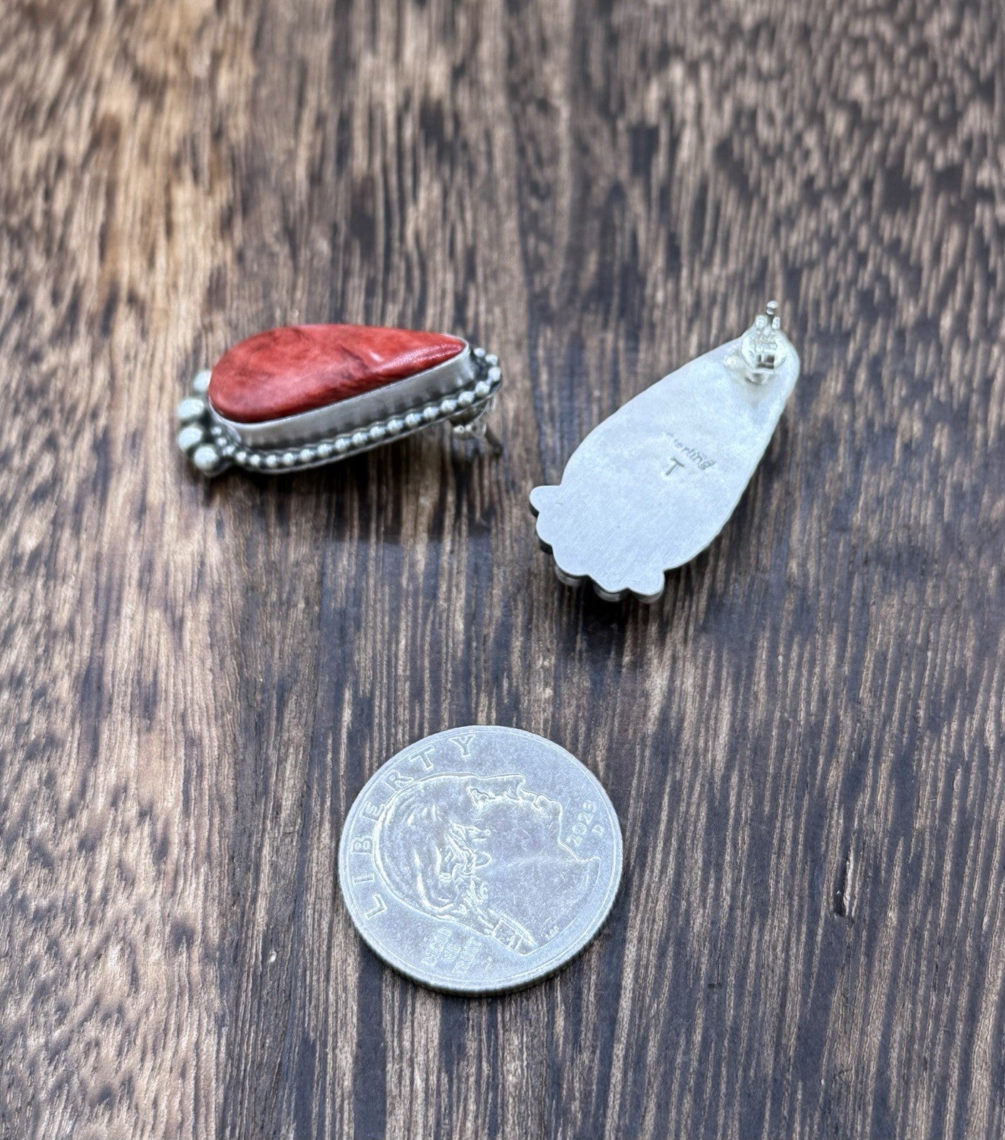Native Navajo Handmade Sterling Silver Red Spiny Oyster Shell Post Stud Earrings