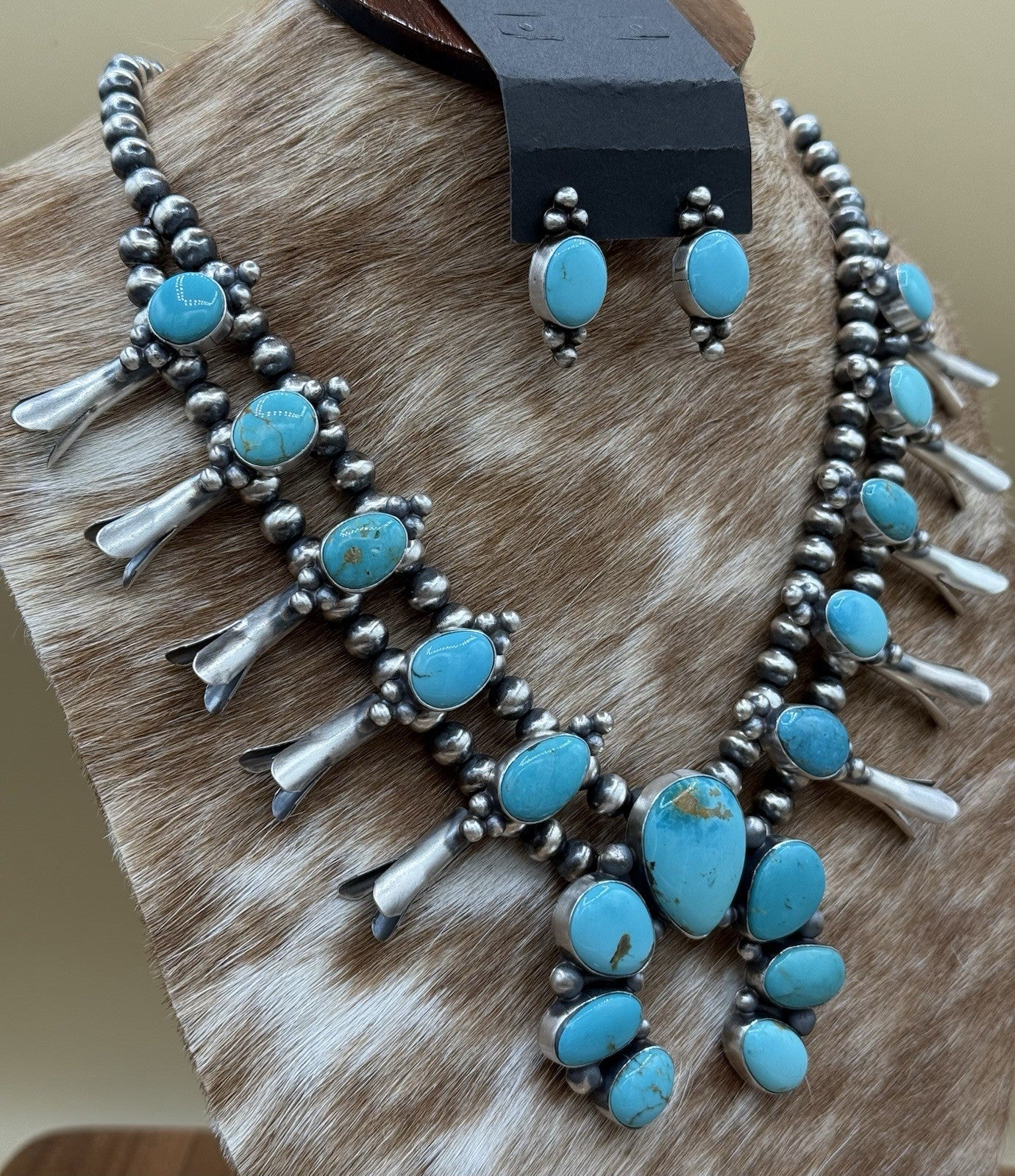 Navajo Handmade Sterling Silver Kingman Turquoise Squash Blossom Necklace 20”