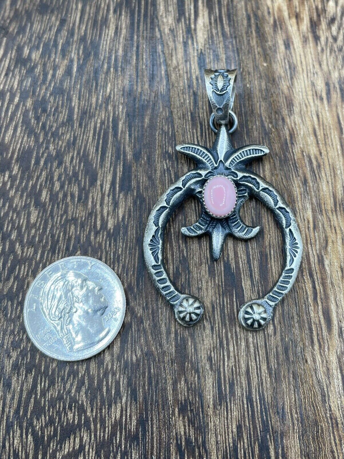 Native American Indian  Navajo Handmade Silver Old Look Pink Concho Naja Pendant